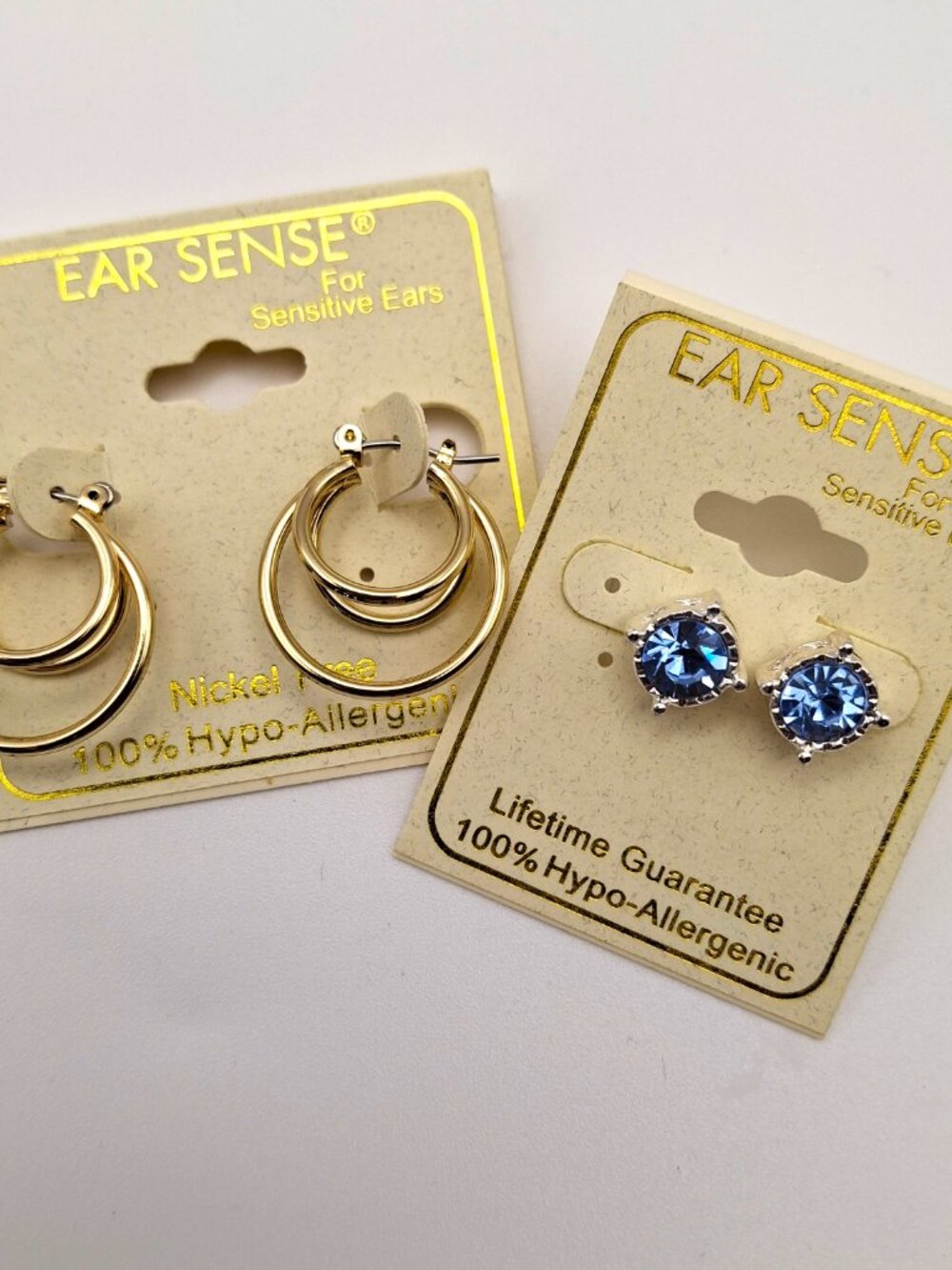 2 pairs Hypo-allergenic Earrings Gold Tone Silver and Blue NWT